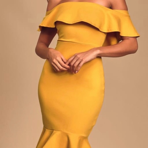 Lulu’s Mustard Off Shoulder Dress - Picture 1 of 4